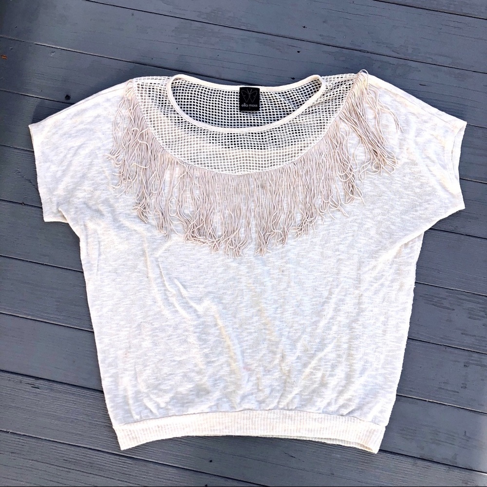Anthro Ella Moss fringed dolman mesh knit top S
